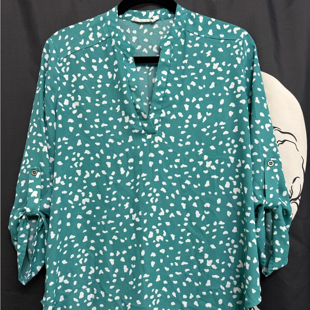 Lush Teal Dot-Print Split V-Neck Blouse